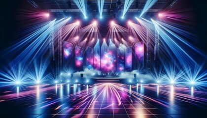 The image portrays a futuristic concert hall with neon lights and vertical beams, centered around a large screen displaying a cosmic scene, all enveloped in atmospheric stage fog.

