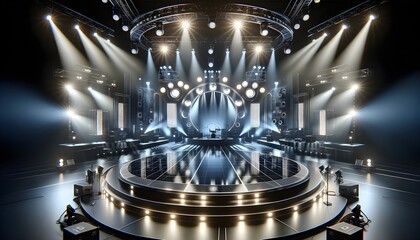 This image features a modern and sophisticated concert stage set up with a circular center...