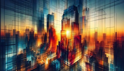 The image is a vibrant, abstract representation of a city skyline during sunset, with an overlaid grid that creates a sense of depth and digital transformation.

