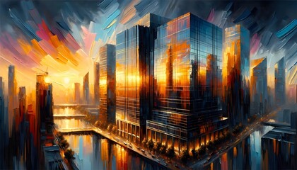 A colorful digital painting depicts a bustling cityscape at sunset, with tall buildings, a winding...