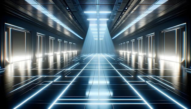 A sleek, futuristic corridor extends into the distance, illuminated by a soft blue beam of light from the ceiling.

