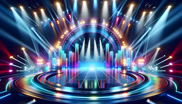An empty stage with bright lights and trusses, set against a dark background.

