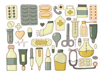 Collection of medical tools isolated on white background. Doodle. All items are separated. Vector illustration