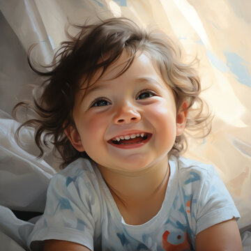 Illustration of a baby boy sitting with rumpled bedsheets on the background. Detailed drawing painting of a smiling infant in a shirt sitting on a bed in a light bedroom. Cute cheerful baby boy.
