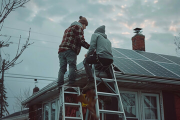 Naklejka na ściany i meble two workers installing solar panels on a house leaning against a staircase
