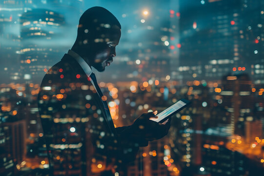 Double Exposure Of Business And A City - African American Businessman Using A Digital Tablet Superimposed On A City Skyline