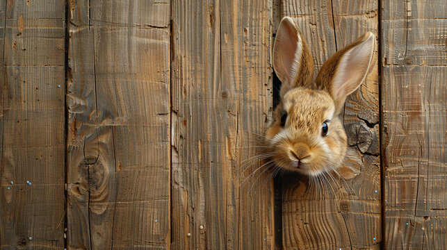 Happy Easter card with space for text, cute bunny or rabbit photo peaking through wooden wall, Easter eggs cute bunny. Funny decoration. 