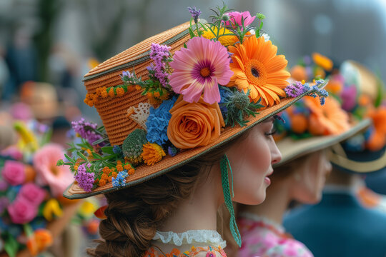 A colorful Easter bonnet parade, showcasing participants wearing creatively decorated hats adorned with flowers and ribbons. Concept of Easter fashion. Generative Ai.