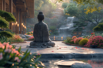 A peaceful Easter meditation session in a tranquil garden, providing a moment of mindfulness and reflection. Concept of spiritual Easter practices. Generative Ai.