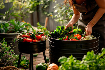 a woman sorting vegetables on top of a compost bin.