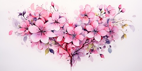 Watercolor hand drawn painted heart from flowers. Romantic love valentine day blossom
