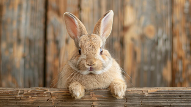 Happy Easter card with cute bunny or rabbit photo peaking through wooden wall, Easter eggs cute bunny. Funny decoration. 