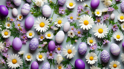Easter purple eggs and chamomile flowers on blue background. Top view. Greeting card on an Easter theme. Happy Easter concept.