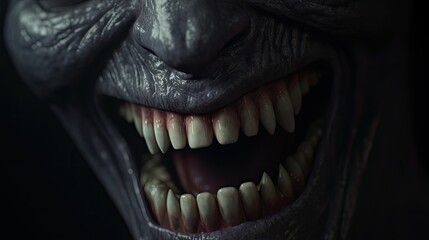 The sinister grin of a monster in the dark. The gaze from the darkness of a terrifying creature.