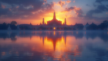 Grand palace and Wat phra keaw at sunset bangkok, Thailand. Beautiful Landmark of Thailand ,generative ai.