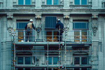 Fototapeta na wymiar two workers installing solar panels in city apartments