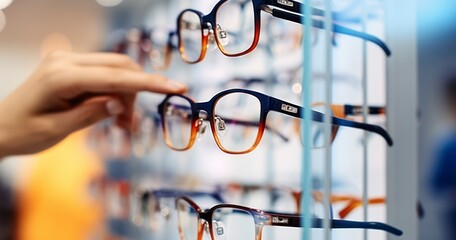 A Woman's Hand Selects Spectacles from an Array at the Optician's Store