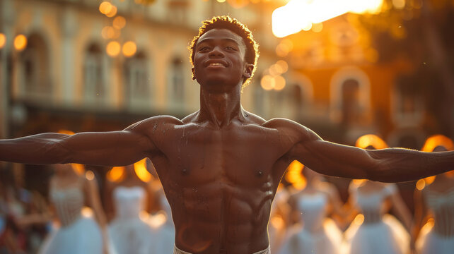 young black male ballet dancer practicing in the neighbourhood with young female dancers in the background,generative ai