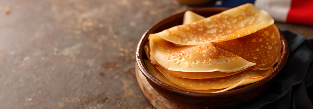 French crepes with a French flag on minimalistic backdrop, ideal for celebrating La Chandeleur or a themed culinary event. Holiday concept. Banner with copy space. - Powered by Adobe