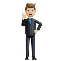 3d man. Businessman in a suit. Office worker Shows that everything is okay. 3D rendering, illustration in cartoon style, isolated. A friendly employee of the company agrees to the task.