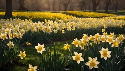 Golden Bliss: Exploring the Tranquil Charm of a Sunlit Daffodil Meadow on a Spring Afternoon, generative AI