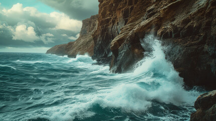Fototapeta premium Rugged coastal cliffs pounded by crashing waves