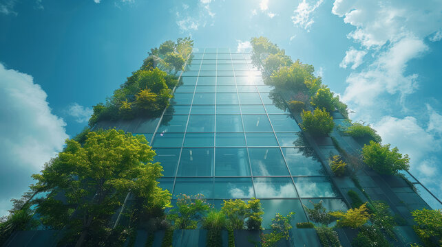 Eco-friendly building in the modern city. Sustainable glass office building with tree for reducing carbon dioxide,generative ai