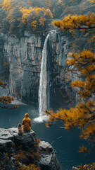 girl is sitting on the edge of a cliff watching a huge waterfall with her dog,generative ai