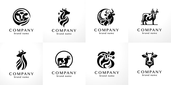 Stylish flat minimalistic logo design collection: modern graphic elements with abstract Cow shapes in black and white for agriculture and cattle farm dairy products (milk) in vector set