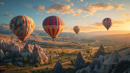 Vivid hot air balloons floating above a serene landscape