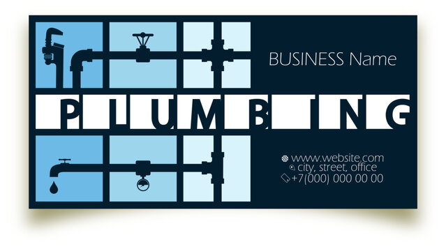 Water pipes system and faucet. Business card concept of plumbing repair