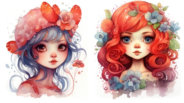 Watercolor with graceful brush strokes depicts two red-haired girls with flowers in their hair close-up on a white background.