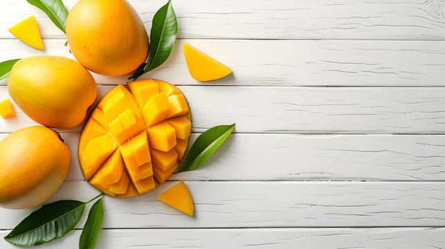 Slices of mango on white wooden desk copy space, Beautiful chopped mango chunks with green leaves on bright white color timber background Copy space, Generative Ai