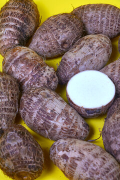 closeup of taro root vegetable, eddo malanga, yellow background