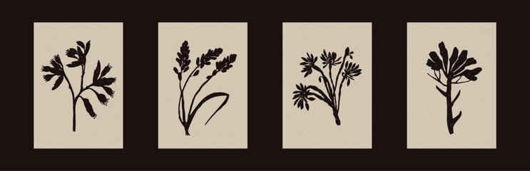 Handmade linocut wildflower sprig vector motif clipart in folkart scandi style. Simple monochrome block print shapes with woodcut paper texture effect. 