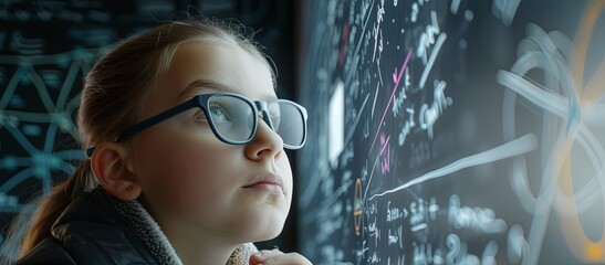 Genius girl with glasses thinking. A gifted child solving some kind of scientific problem. Illustration for varied design. - obrazy, fototapety, plakaty