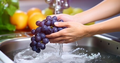 A Woman's Hands Tenderly Washing Fresh Grapes in the Sink