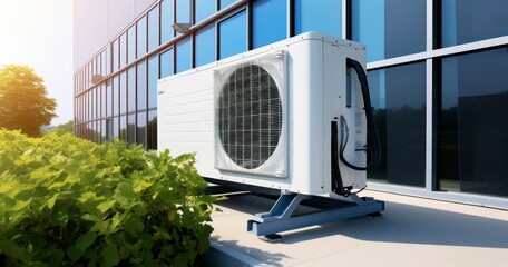 Innovative Cooling - Showcasing a Modern Building Equipped with a State-of-the-Art Air Conditioning Condenser Unit - obrazy, fototapety, plakaty
