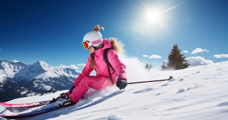 Fototapeta na wymiar Gleaming Getaway - A Woman Skier Finds Relaxation and Bliss on a Sunny Winter Holiday