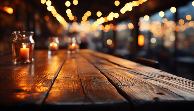 Wooden table illuminated by glowing lantern in rustic pub generated by AI