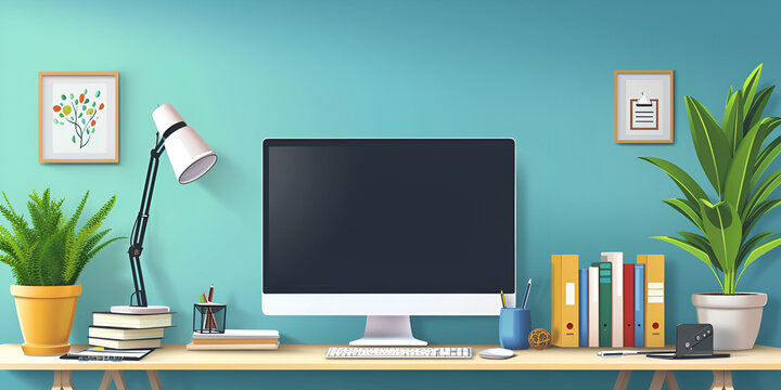 Stylish workspace with desktop computer office supplies, Modern computer on table in office interior. Stylish workplace, Mockup modern blank screen desktop computer on stylish workspace. Generative Ai