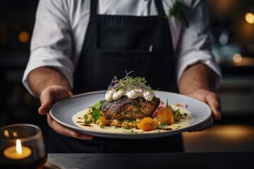 Obraz na płótnie Canvas Chef holding a modern decorated meal