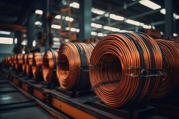 Wires and cables in coils at a production line