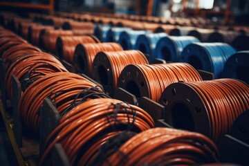Wires and cables in coils at a production line - obrazy, fototapety, plakaty