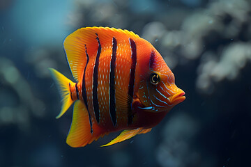 Naklejka premium An underwater close-up of a colorful Flame Angelfish swims ocean
