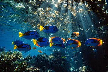 Fototapeta na wymiar An underwater close-up of a colorful Regal Blue Tang fish swims ocean