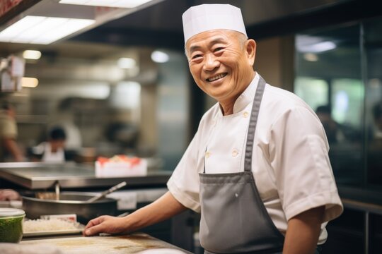 Smiling portrait of a senior chef in restaurant kitchen