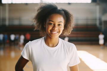 Smiling portrait of a young woman in the basketball gym