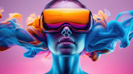 A cartoon woman donning vibrant goggles gazes through the reflective glass as her ruffled fabric adds an artistic flair to her appearance