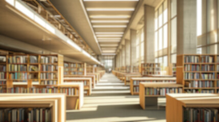 A softly blurred image of a library interior, featuring rows of bookshelves, reading tables, and a...